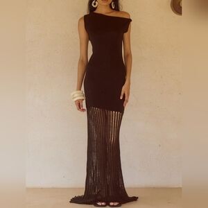 Chic Dark Brown Off-Shoulder Fringe Maxi Dress